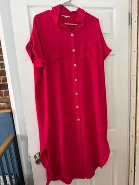 Fuchsia Button Down Hi Low Maternity Maxi Dress